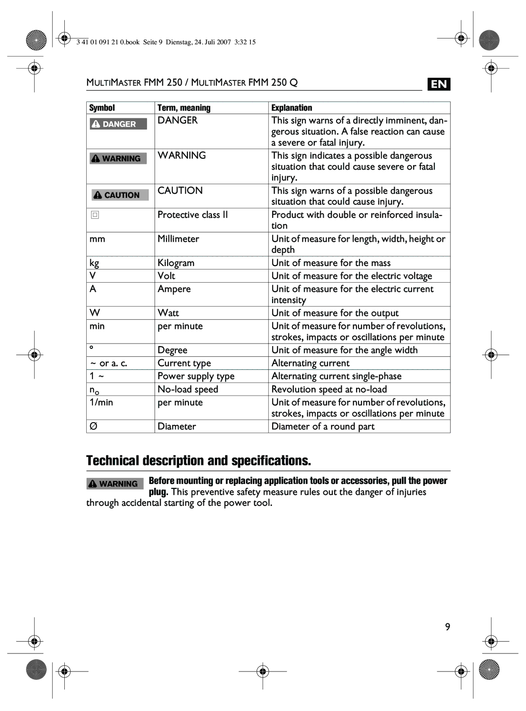 FEIN Power Tools FMM 250Q manual Technical description and specifications, Diameter Diameter of a round part 