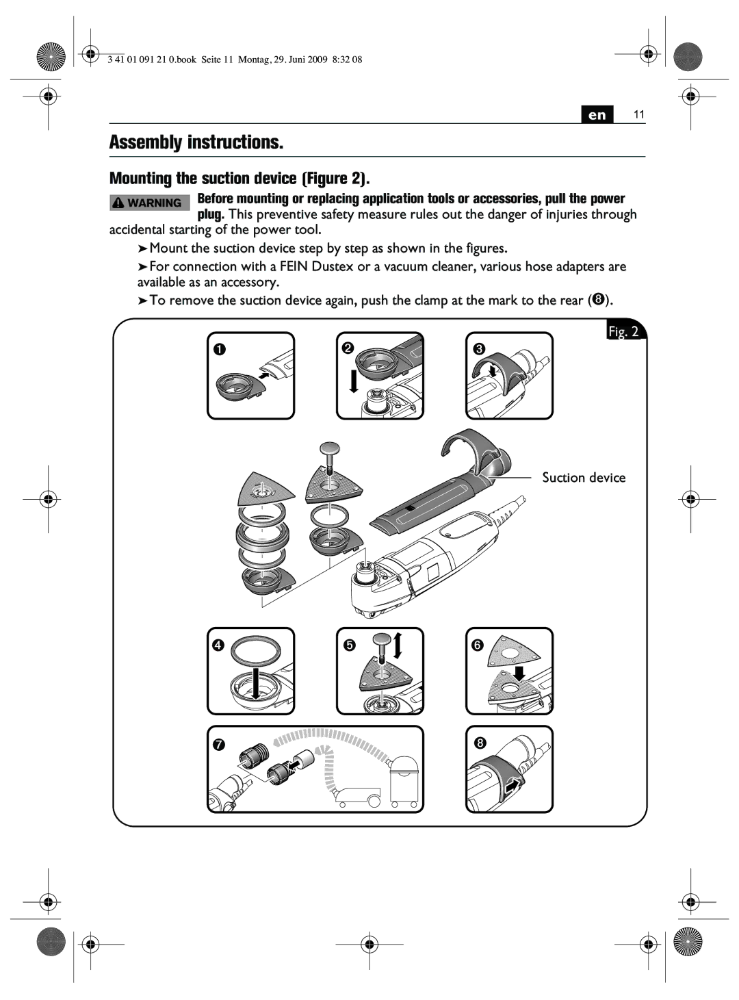 FEIN Power Tools FMM250Q manual Assembly instructions, Mounting the suction device Figure 