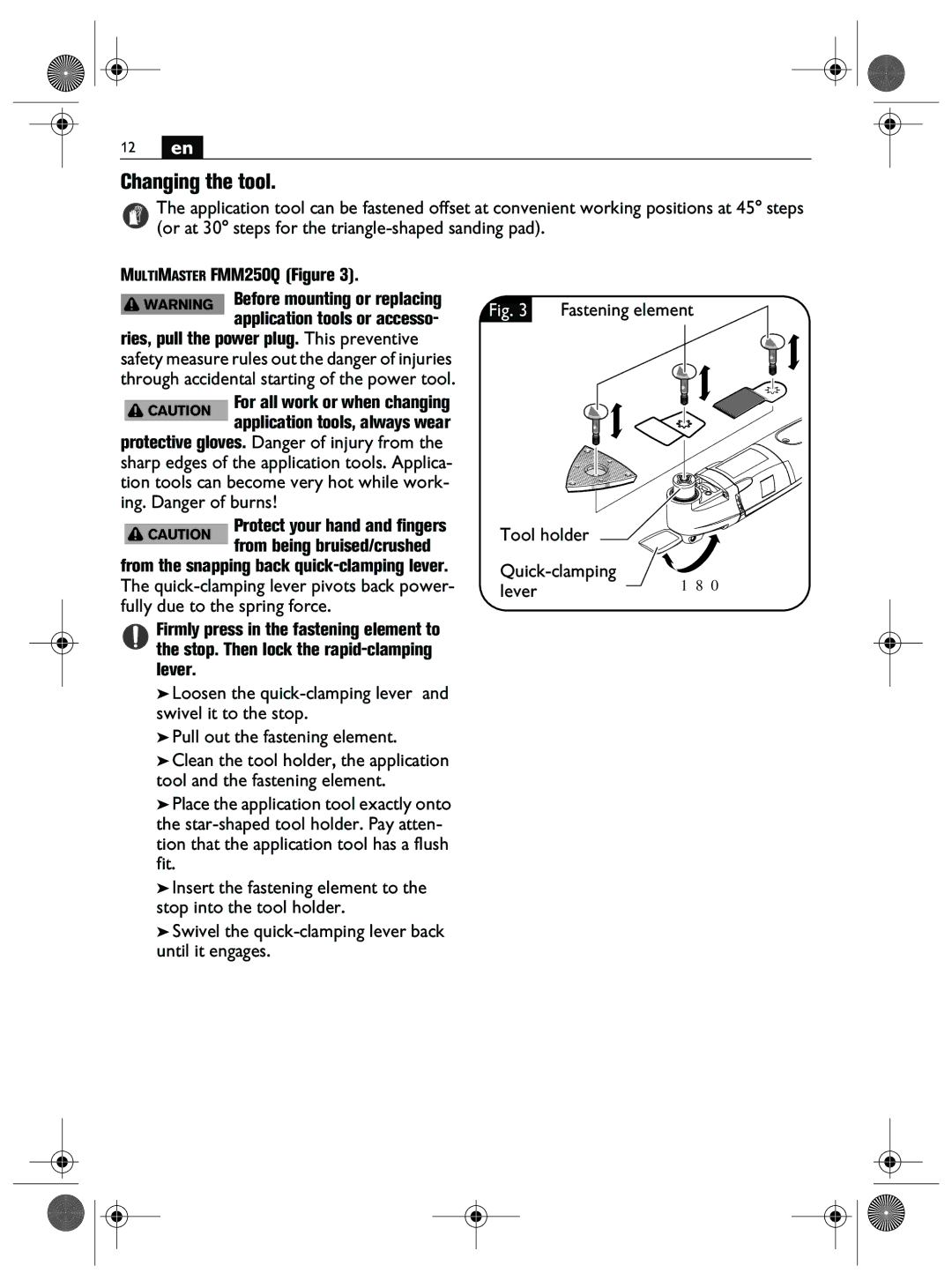 FEIN Power Tools FMM250Q manual Changing the tool, Fastening element Tool holder Quick-clamping Lever180 
