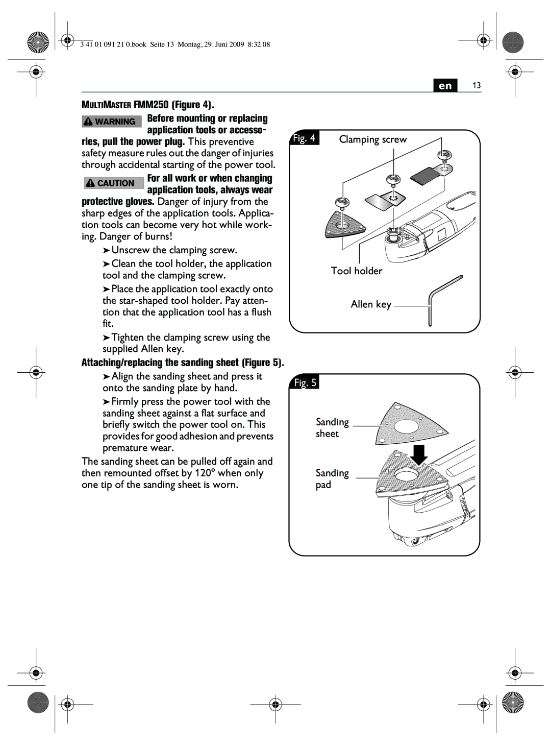 FEIN Power Tools FMM250Q manual Multimaster FMM250 Figure, Tool holder Allen key Sanding sheet Sanding pad 