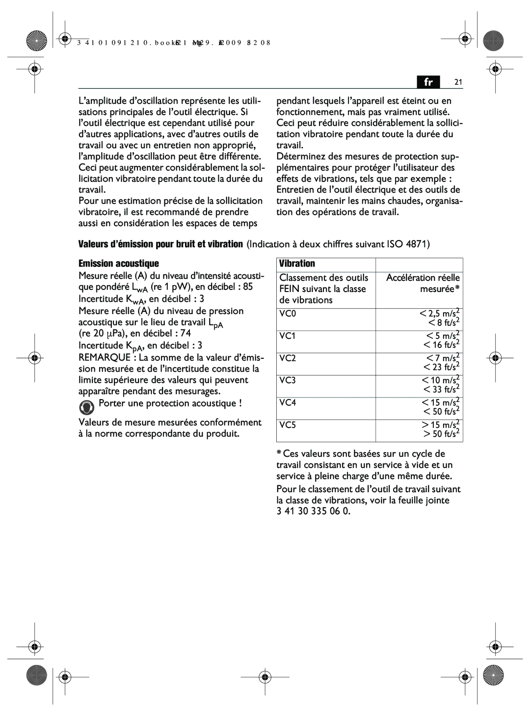 FEIN Power Tools FMM250Q manual Vibration, Accélération réelle, Mesurée, De vibrations 