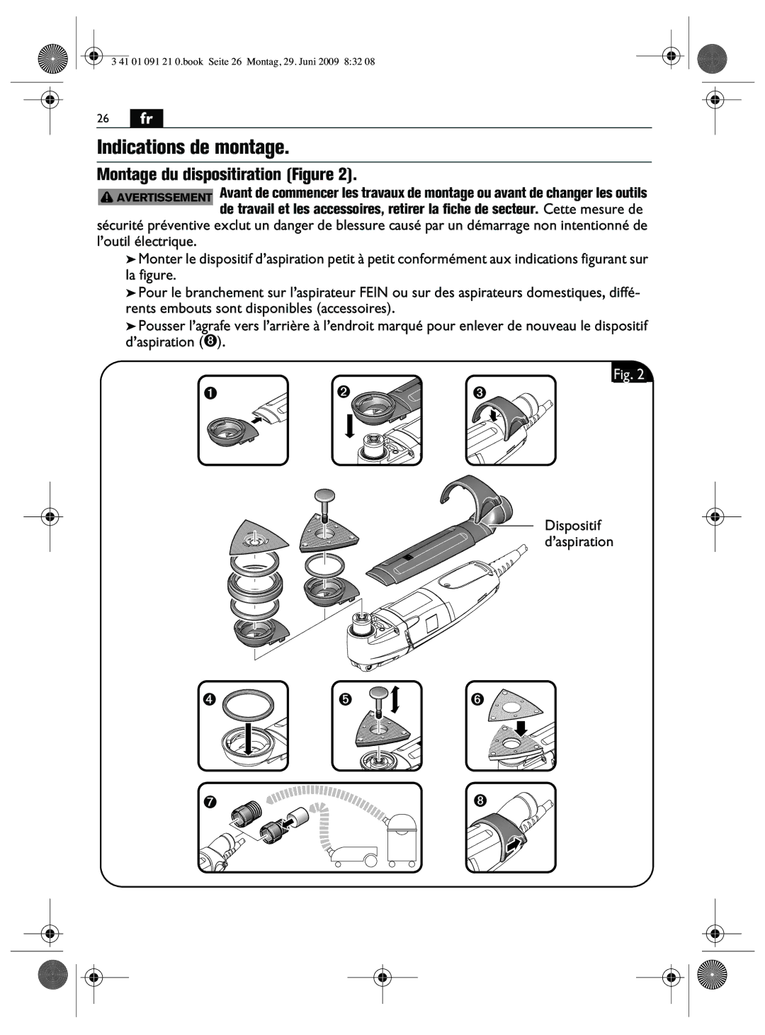 FEIN Power Tools FMM250Q manual Indications de montage, Montage du dispositiration Figure, Dispositif d’aspiration 