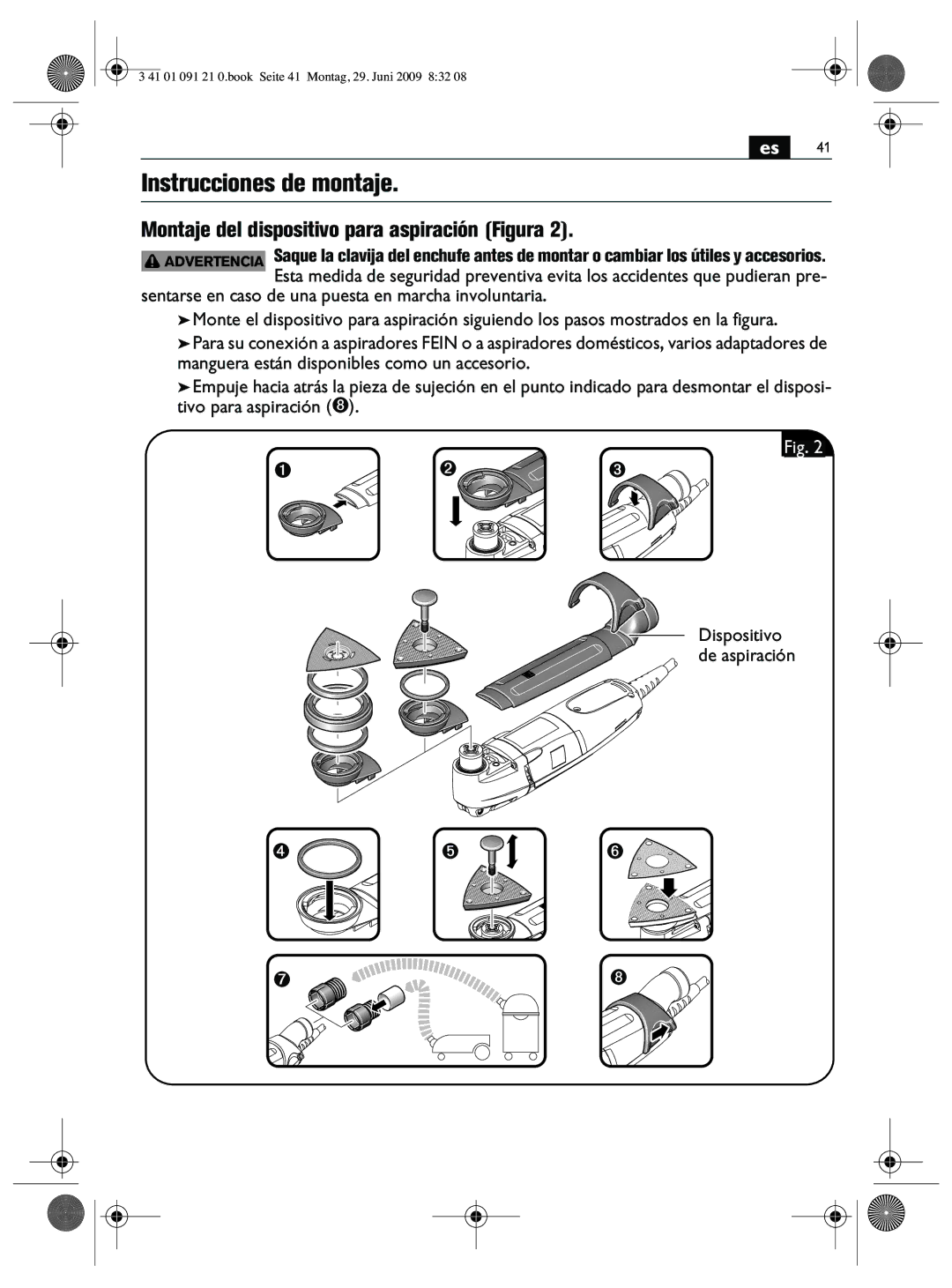 FEIN Power Tools FMM250Q manual Instrucciones de montaje, Montaje del dispositivo para aspiración Figura 