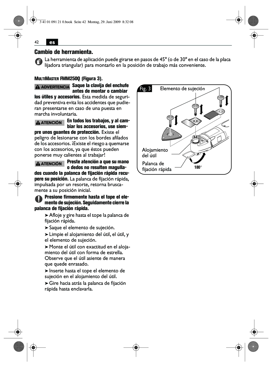 FEIN Power Tools manual Cambio de herramienta, Multimaster FMM250Q Figura, Pre unos guantes de protección. Existe el 