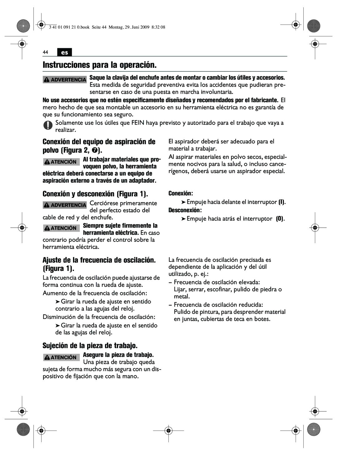 FEIN Power Tools FMM250Q manual Instrucciones para la operación, Conexión del equipo de aspiración de polvo Figura 2, ➐ 