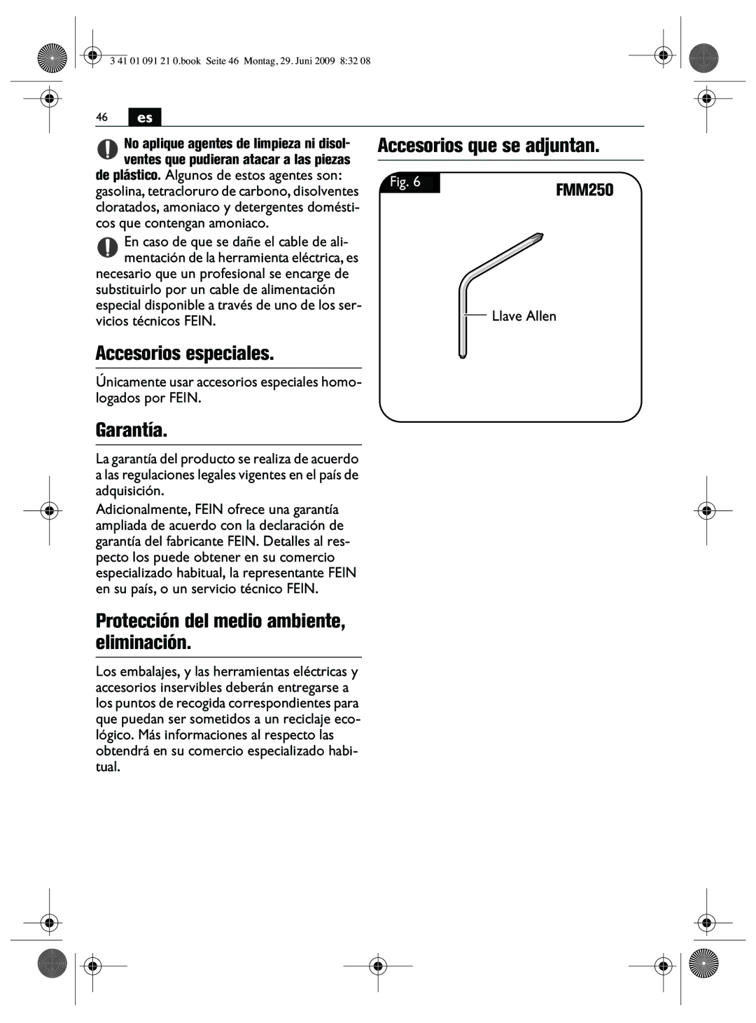 FEIN Power Tools FMM250Q manual Accesorios que se adjuntan, Accesorios especiales, Garantía 