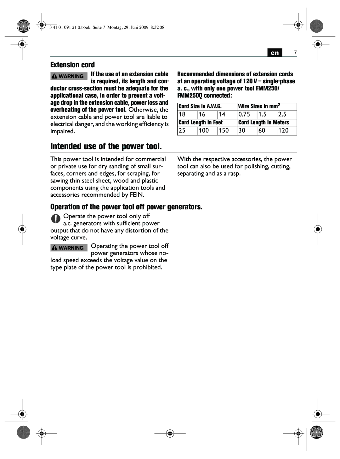 FEIN Power Tools FMM250 Intended use of the power tool, Extension cord, Operation of the power tool off power generators 