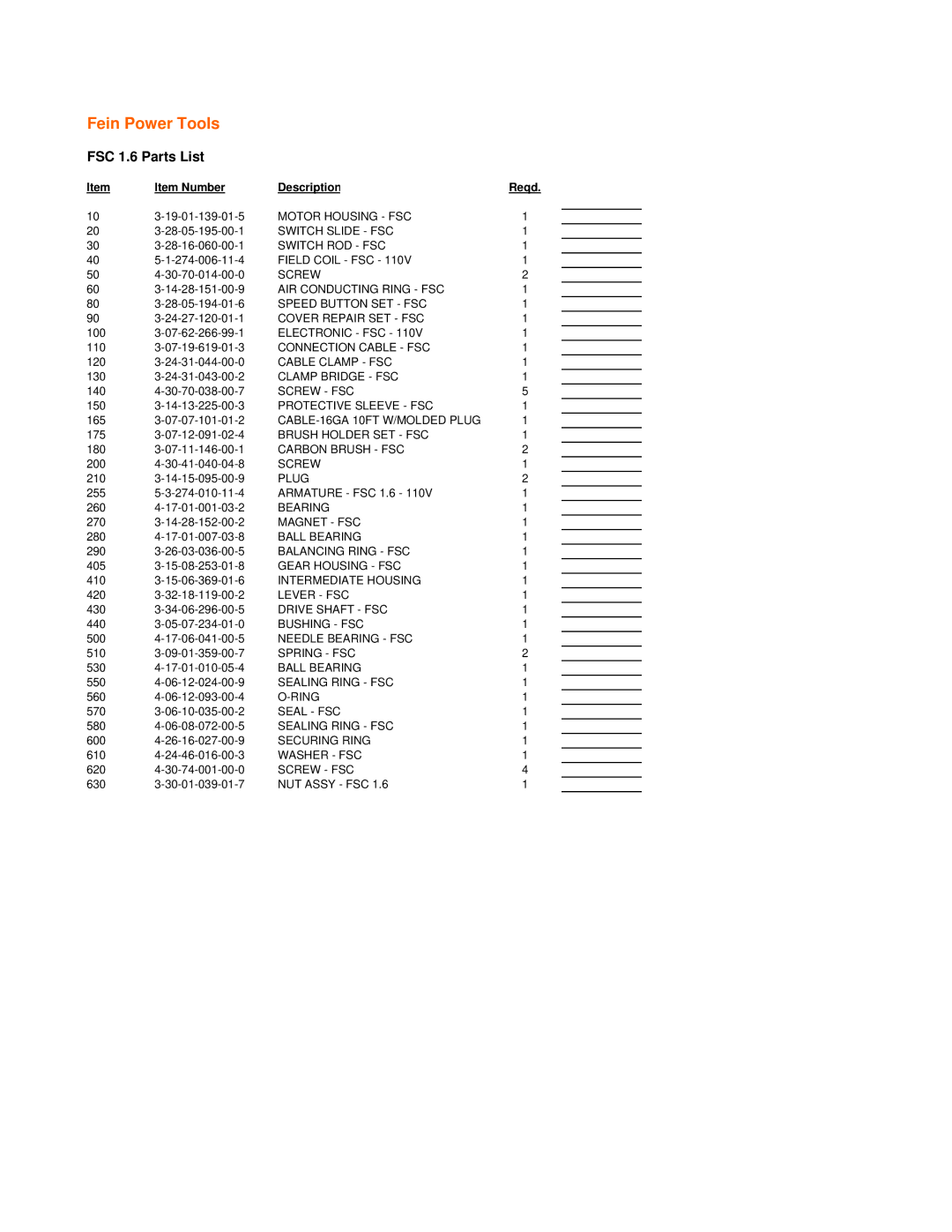 FEIN Power Tools warranty Fein Power Tools, FSC 1.6 Parts List, Item Number Description Reqd 