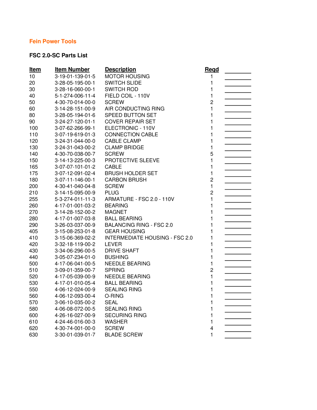 FEIN Power Tools warranty Fein Power Tools, FSC 2.0-SC Parts List Item Number Description, Reqd 