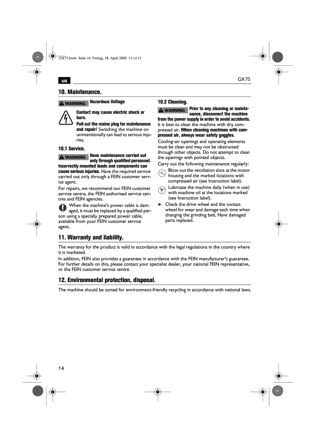 FEIN Power Tools GRIT GX 75 Maintenance, Warranty and liability, Environmental protection, disposal, Service, Cleaning 