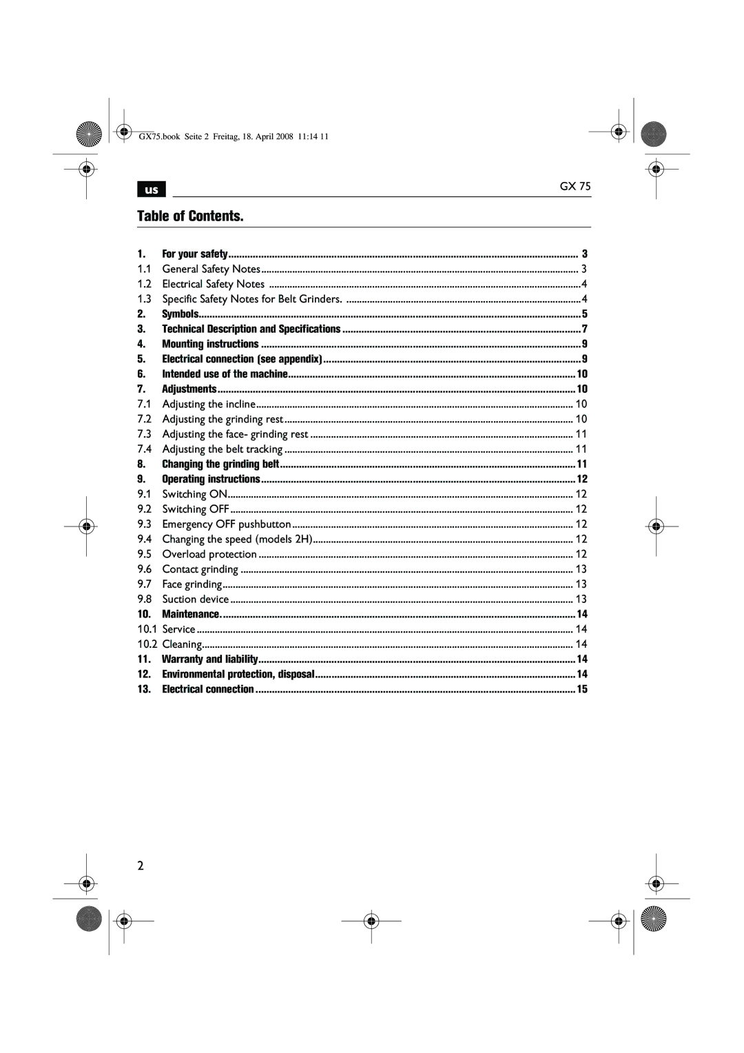 FEIN Power Tools GRIT GX 75 manual Table of Contents 