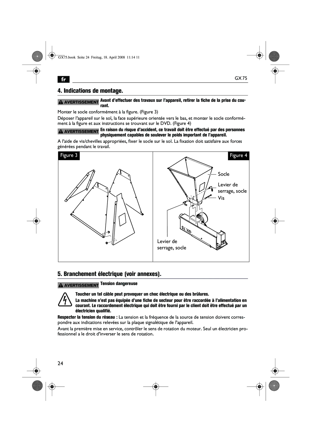 FEIN Power Tools GRIT GX 75 Indications de montage, Branchement électrique voir annexes, Levier de, Vis, Serrage, socle 