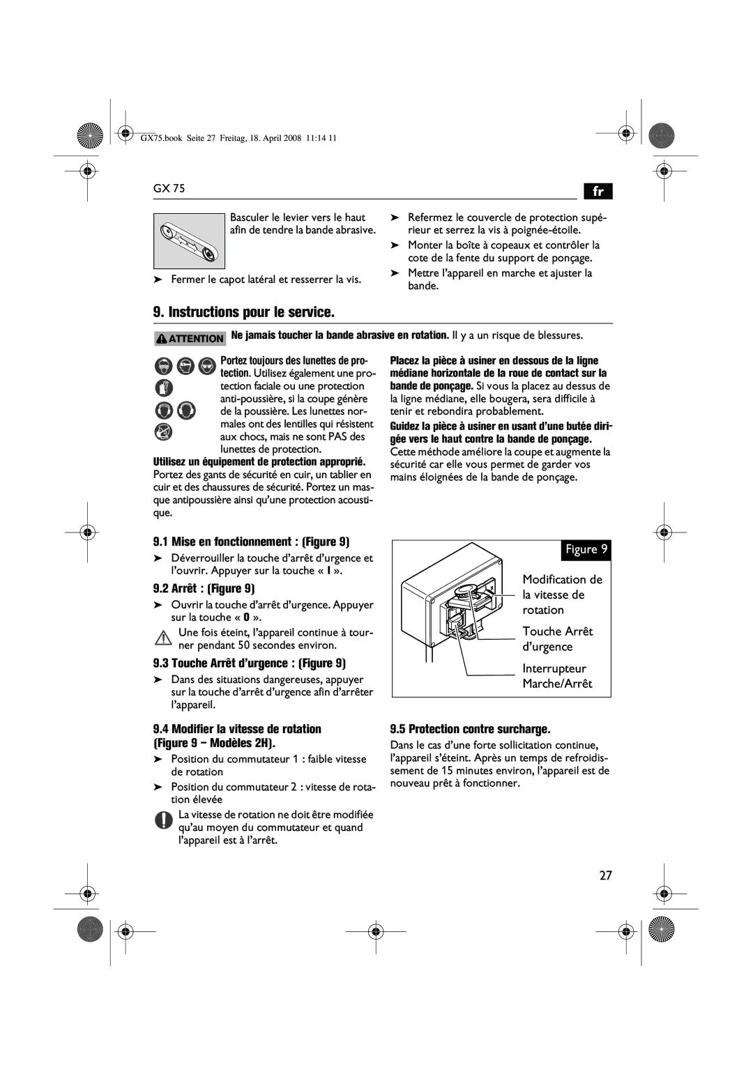 FEIN Power Tools GRIT GX 75 manual Instructions pour le service, Mise en fonctionnement Figure, Arrêt Figure 