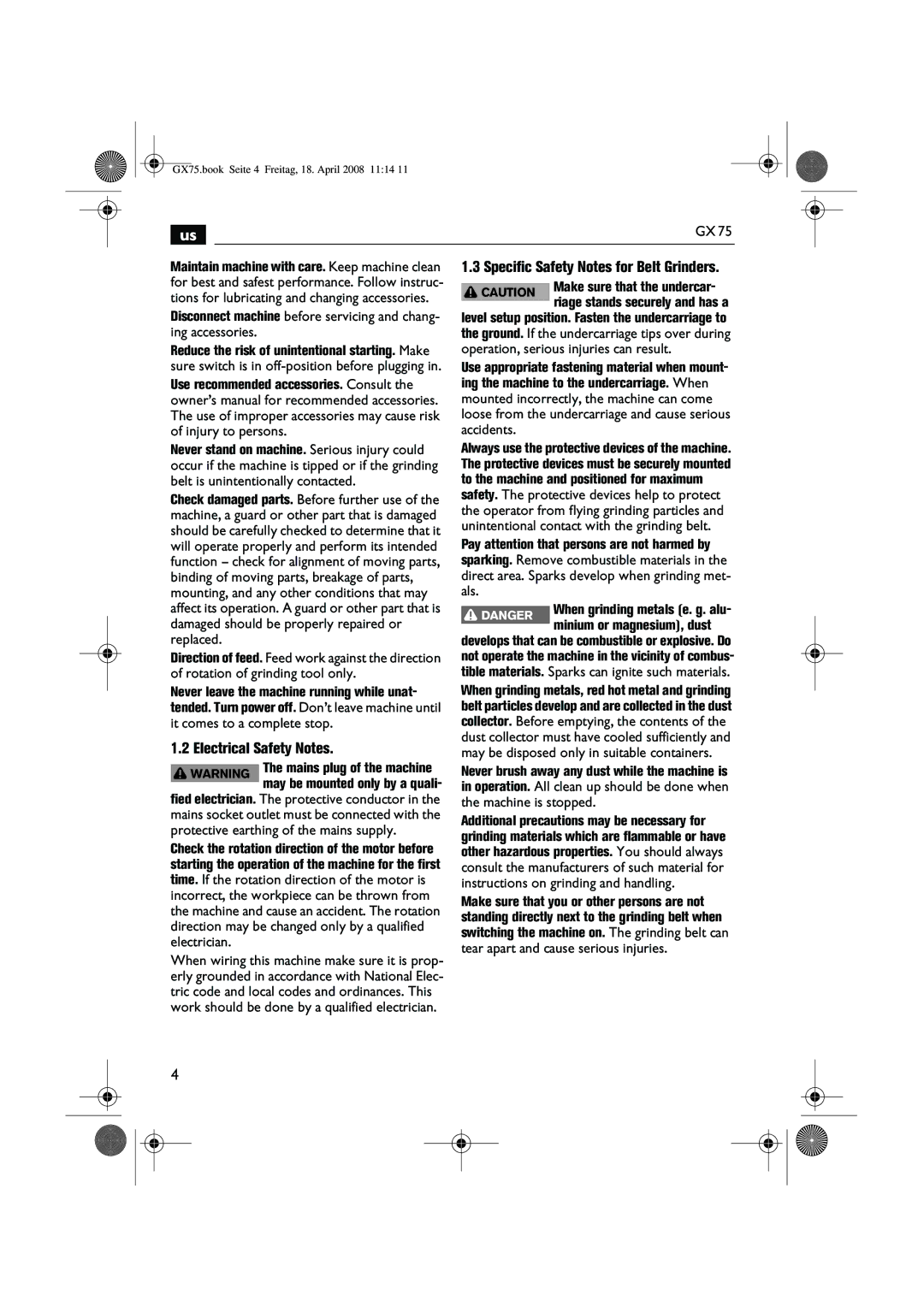 FEIN Power Tools GRIT GX 75 manual Electrical Safety Notes 