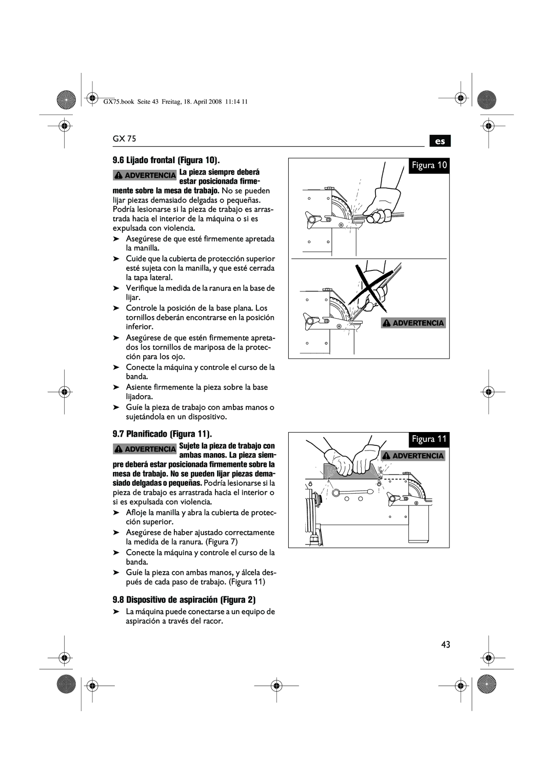 FEIN Power Tools GRIT GX 75 manual Lijado frontal Figura, Planificado Figura, Dispositivo de aspiración Figura, Inferior 