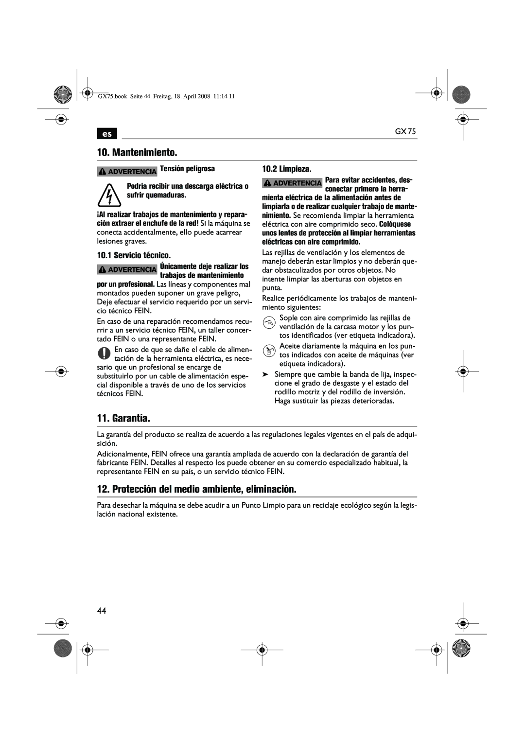 FEIN Power Tools GRIT GX 75 manual Mantenimiento, Garantía, Protección del medio ambiente, eliminación, Servicio técnico 