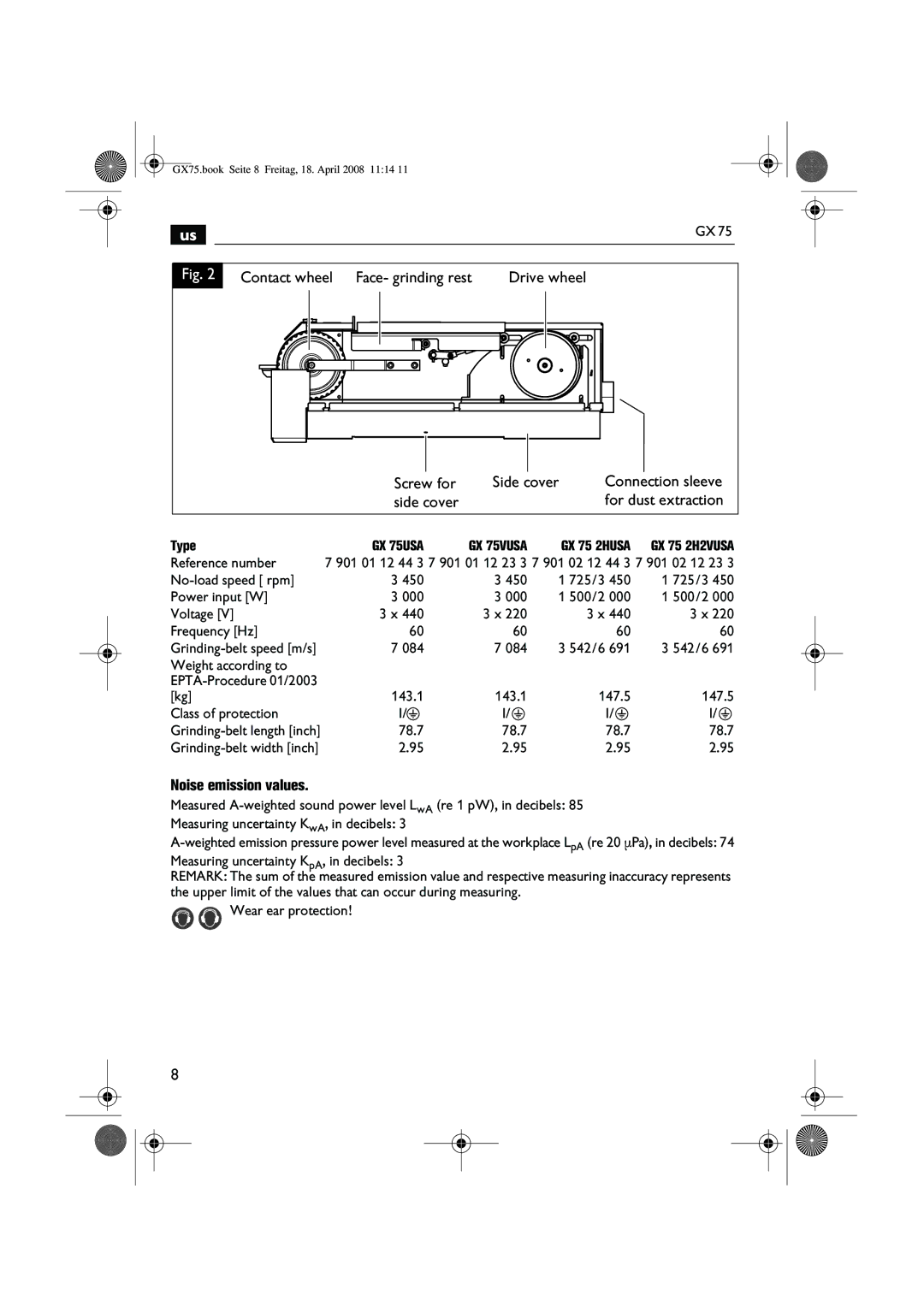 FEIN Power Tools GRIT GX 75 manual Contact wheel, Noise emission values 