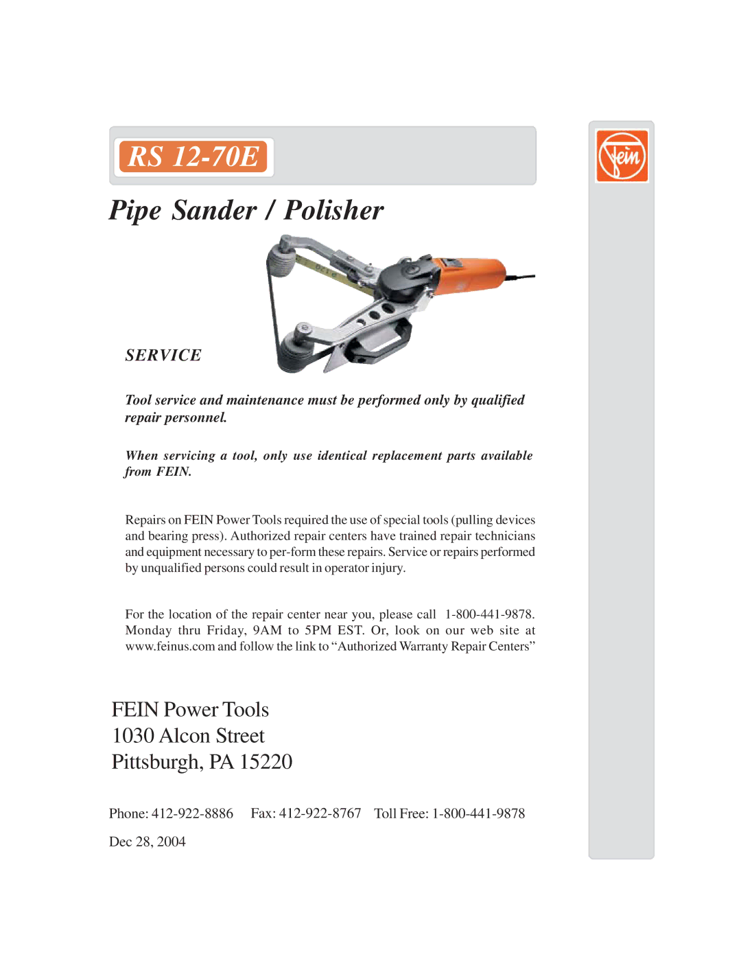 FEIN Power Tools RS 12-70E warranty 