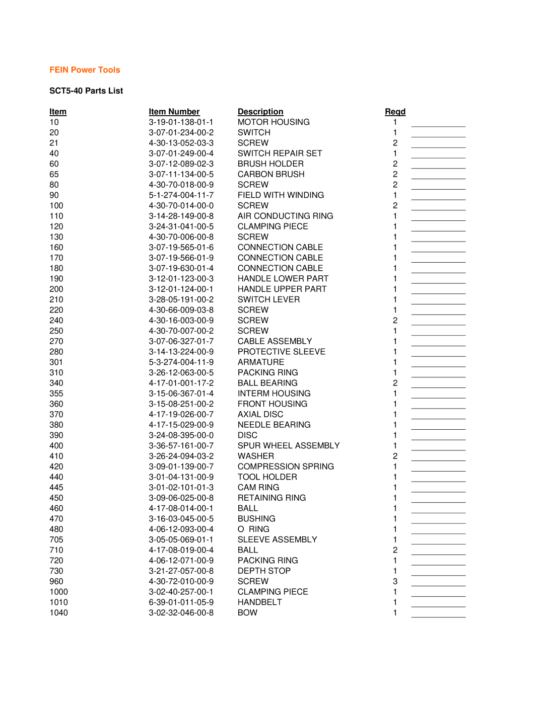 FEIN Power Tools SCT 5-40 warranty Fein Power Tools, SCT5-40 Parts List Item Number Description Reqd 