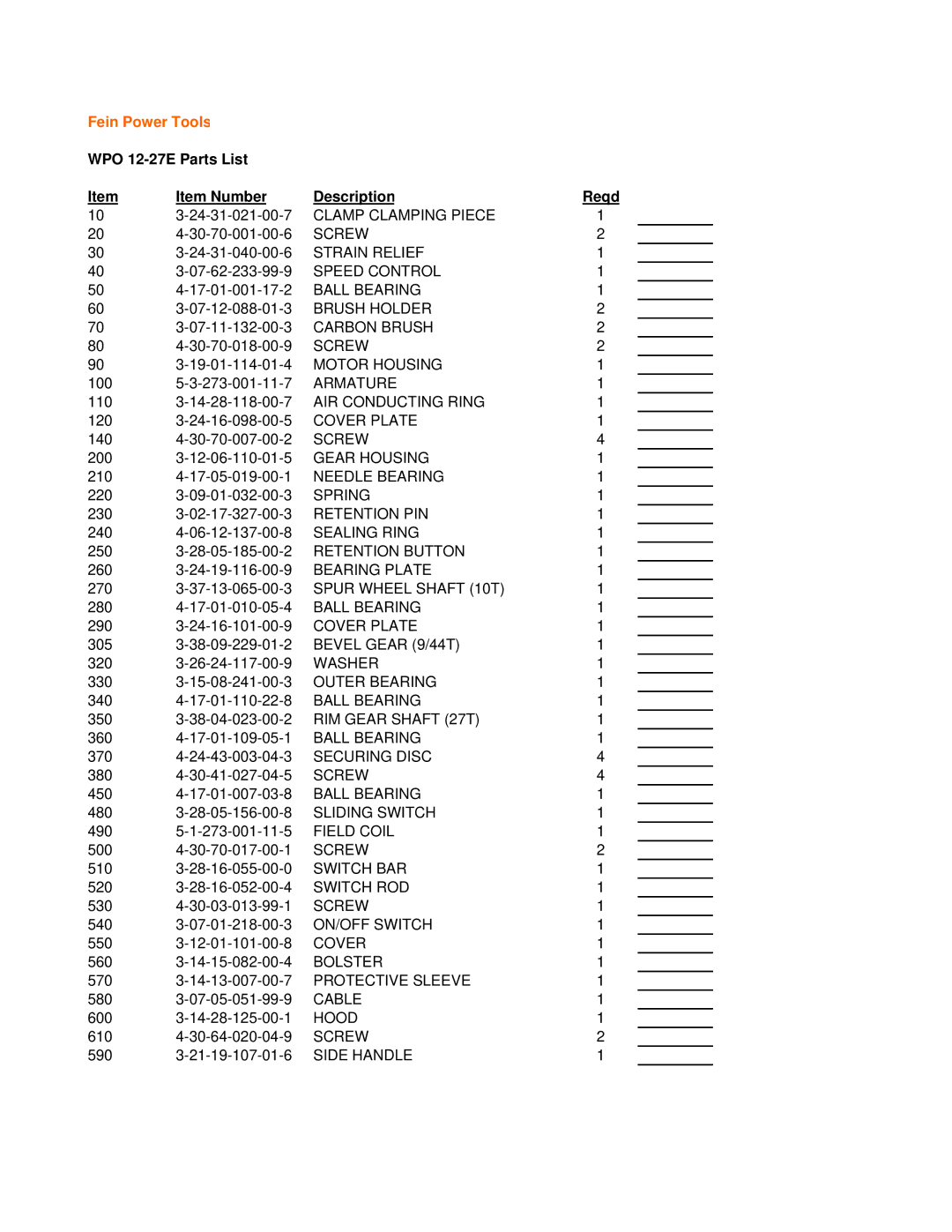 FEIN Power Tools warranty Fein Power Tools, WPO 12-27E Parts List Item Number Description 