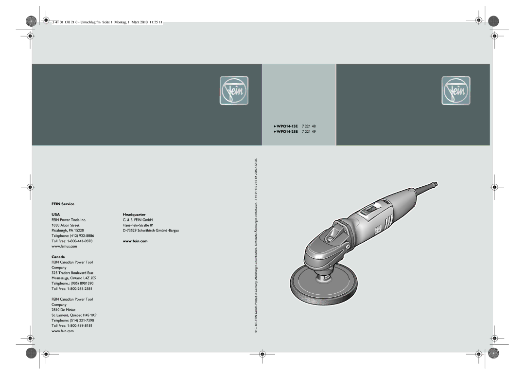 FEIN Power Tools WPO14-25E, WPO14-15E manual Usa 