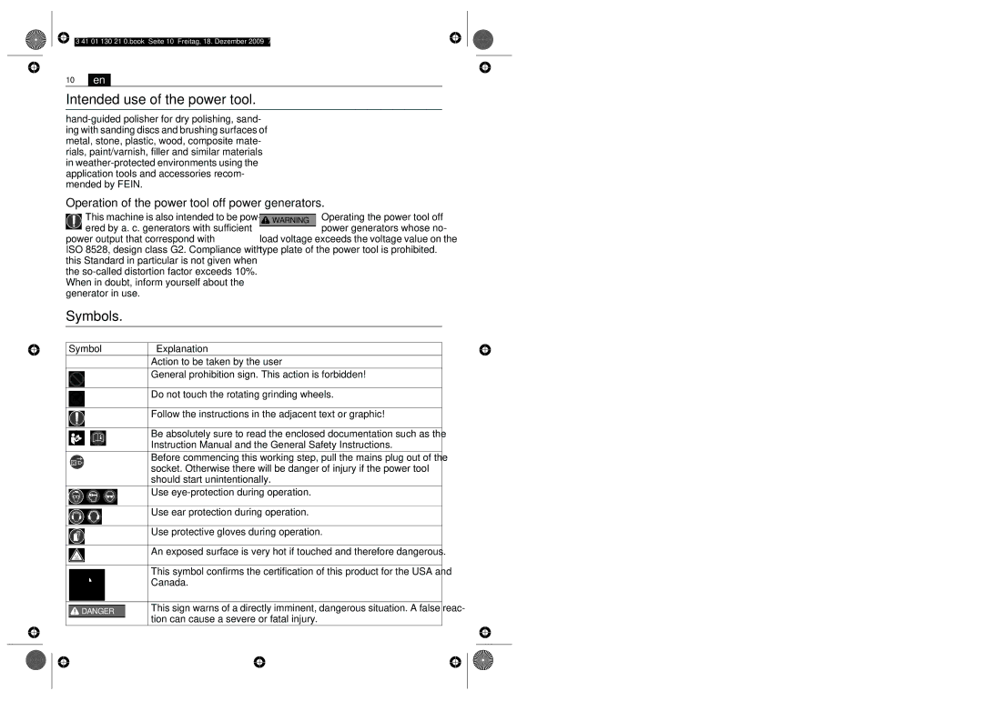 FEIN Power Tools WPO14-15E manual Intended use of the power tool, Symbols, Operation of the power tool off power generators 