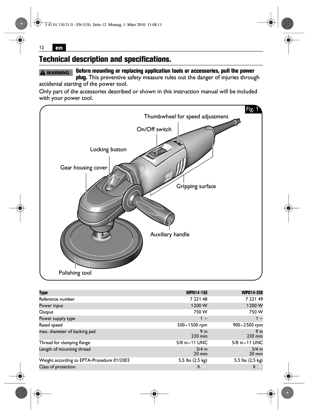 FEIN Power Tools WPO14-15E, WPO14-25E manual Technical description and specifications, 12 en 