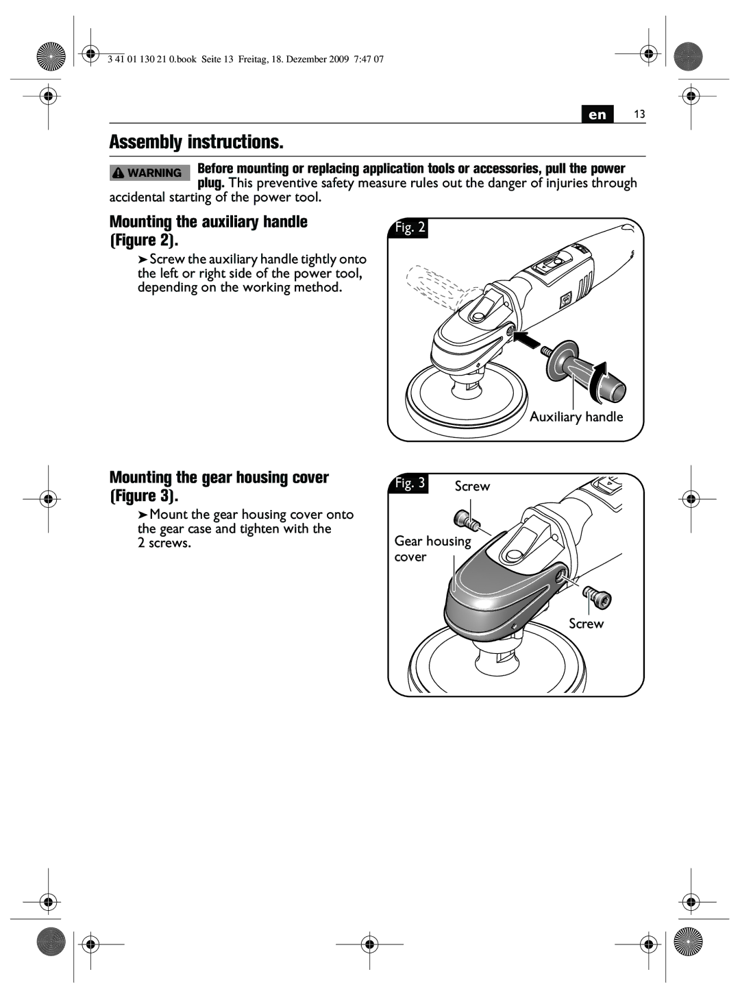 FEIN Power Tools WPO14-25E, WPO14-15E manual Assembly instructions, Mounting the auxiliary handle Figure 