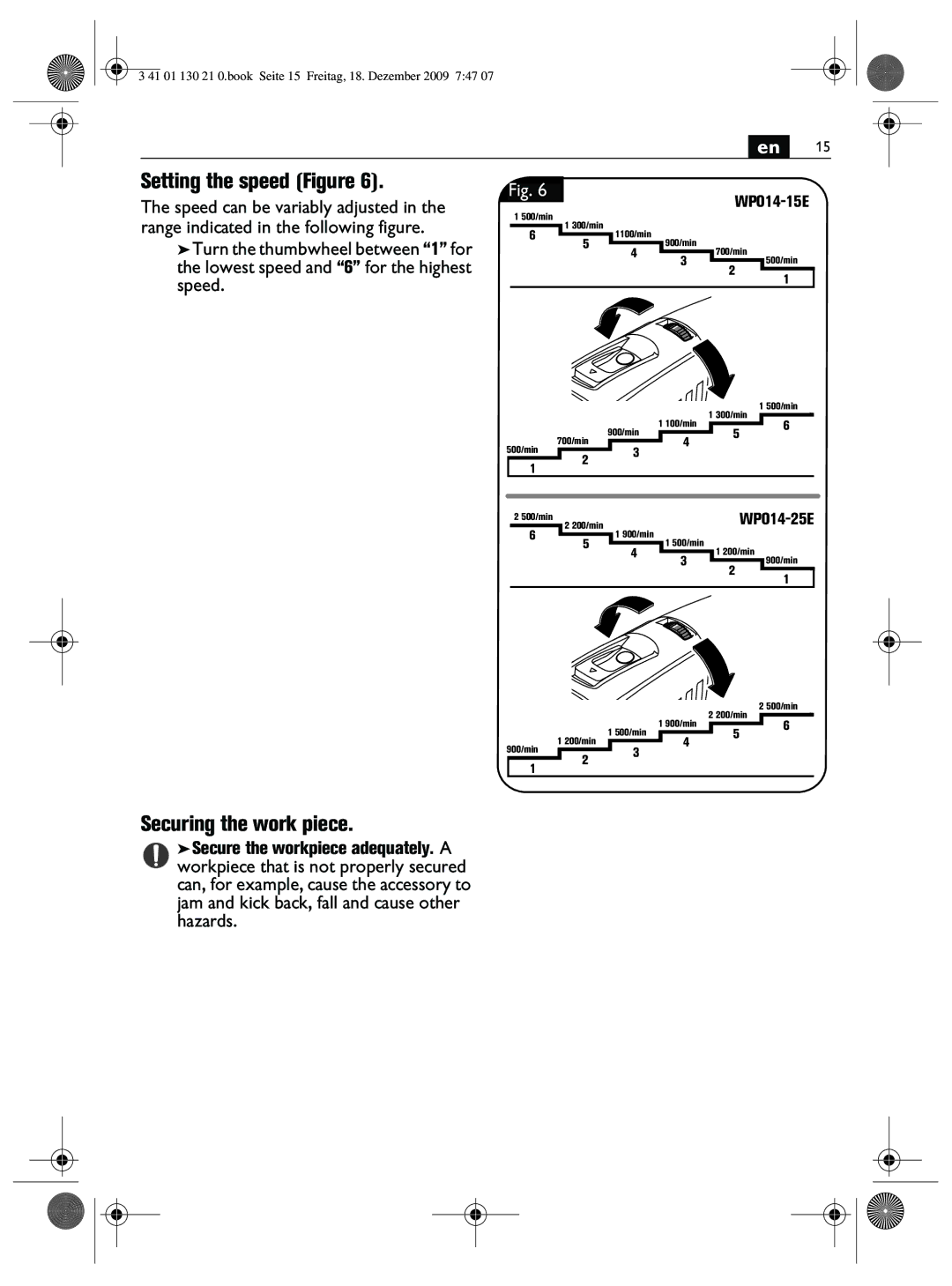 FEIN Power Tools WPO14-25E, WPO14-15E manual Setting the speed Figure, Securing the work piece 