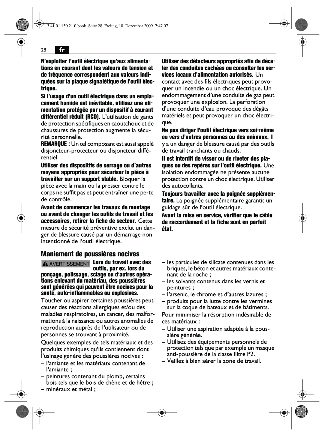 FEIN Power Tools WPO14-15E manual Maniement de poussières nocives, 28 fr, ’amiante et les matériaux contenant de l’amiante 