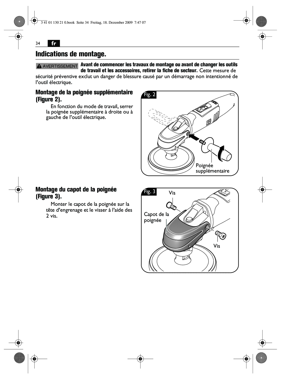 FEIN Power Tools WPO14-15E, WPO14-25E manual Indications de montage, Montage de la poignée supplémentaire Figure, 34 fr 