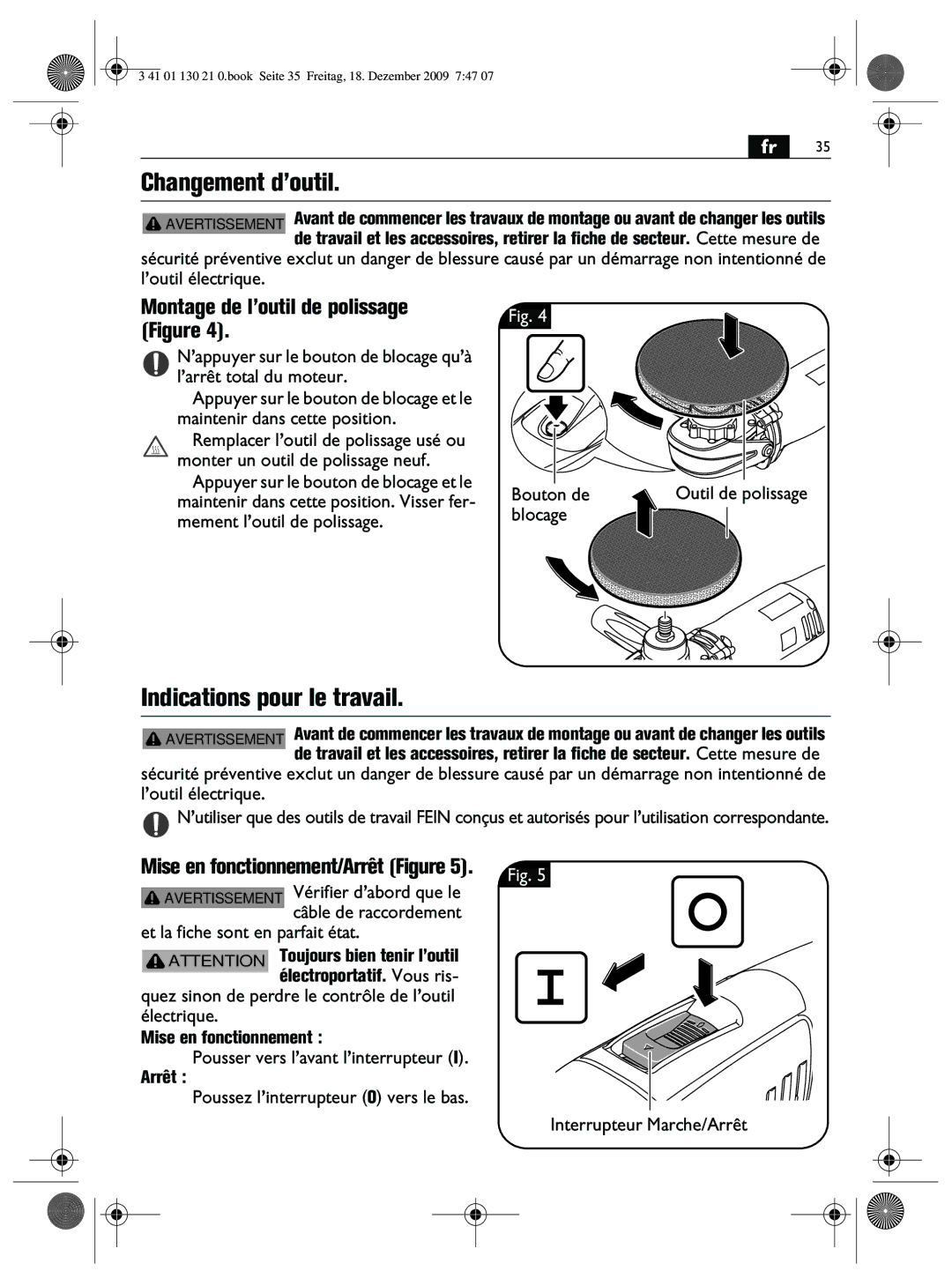 FEIN Power Tools WPO14-25E manual Changement d’outil, Indications pour le travail, Montage de l’outil de polissage Figure 