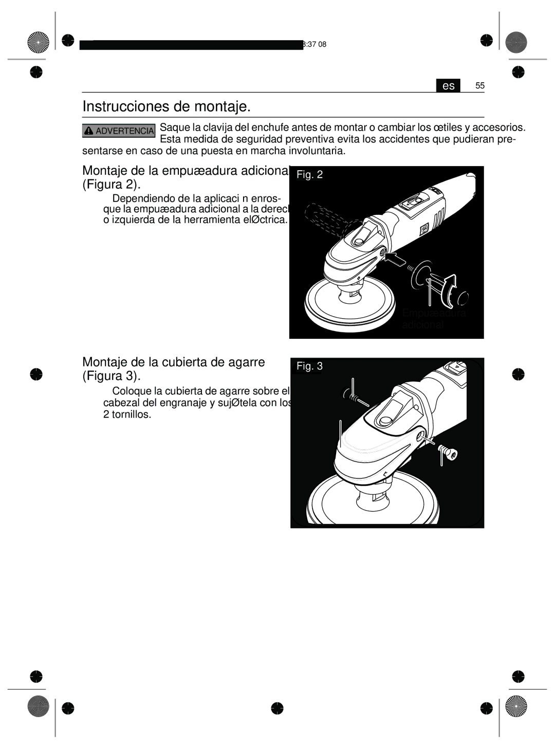 FEIN Power Tools WPO14-25E manual Instrucciones de montaje, Montaje de la empuñadura adicional Figura, Cubierta Tornillo 