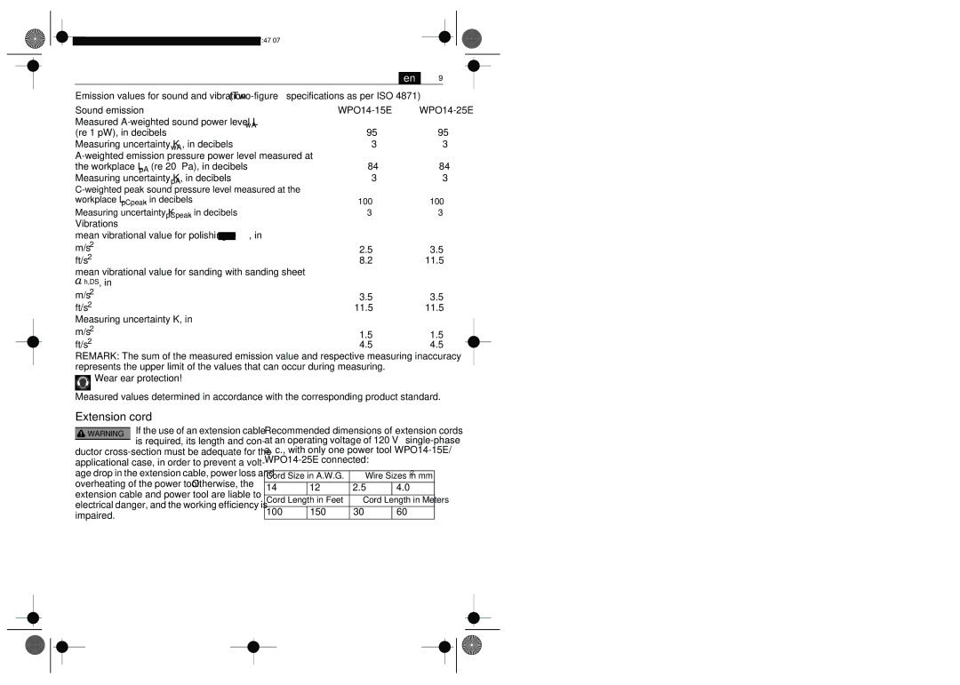 FEIN Power Tools WPO14-25E, WPO14-15E manual Extension cord, 100 150 