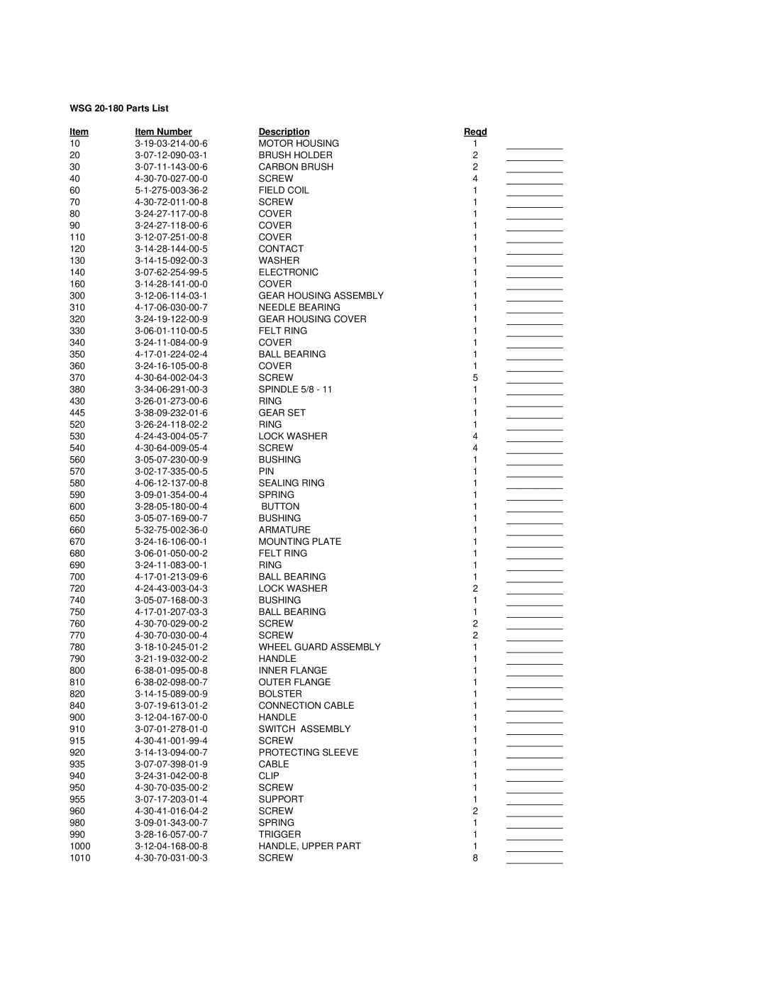 FEIN Power Tools warranty WSG 20-180 Parts List Item Number Description Reqd 