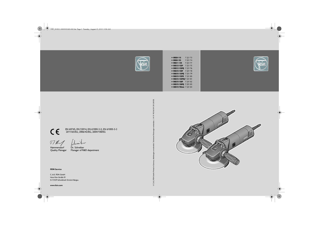 FEIN Power Tools WSG15-70LNOX/N09 manual Manager of R&D department, Fein Service,  WSG8-115 221  WSG8-125  WSG11-125 