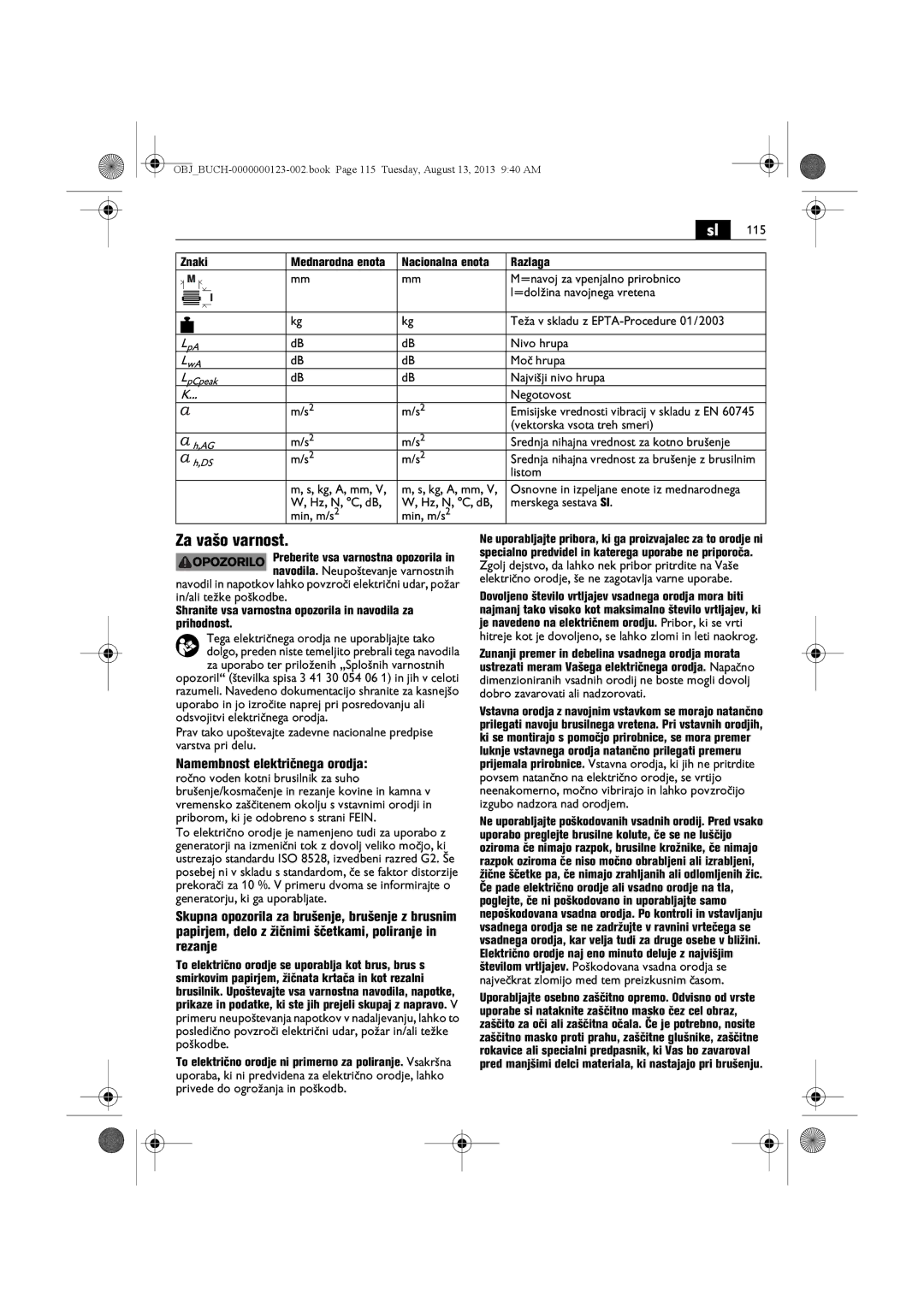 FEIN Power Tools WSG15-70LNOX/N09 manual Za vašo varnost, Namembnost električnega orodja 