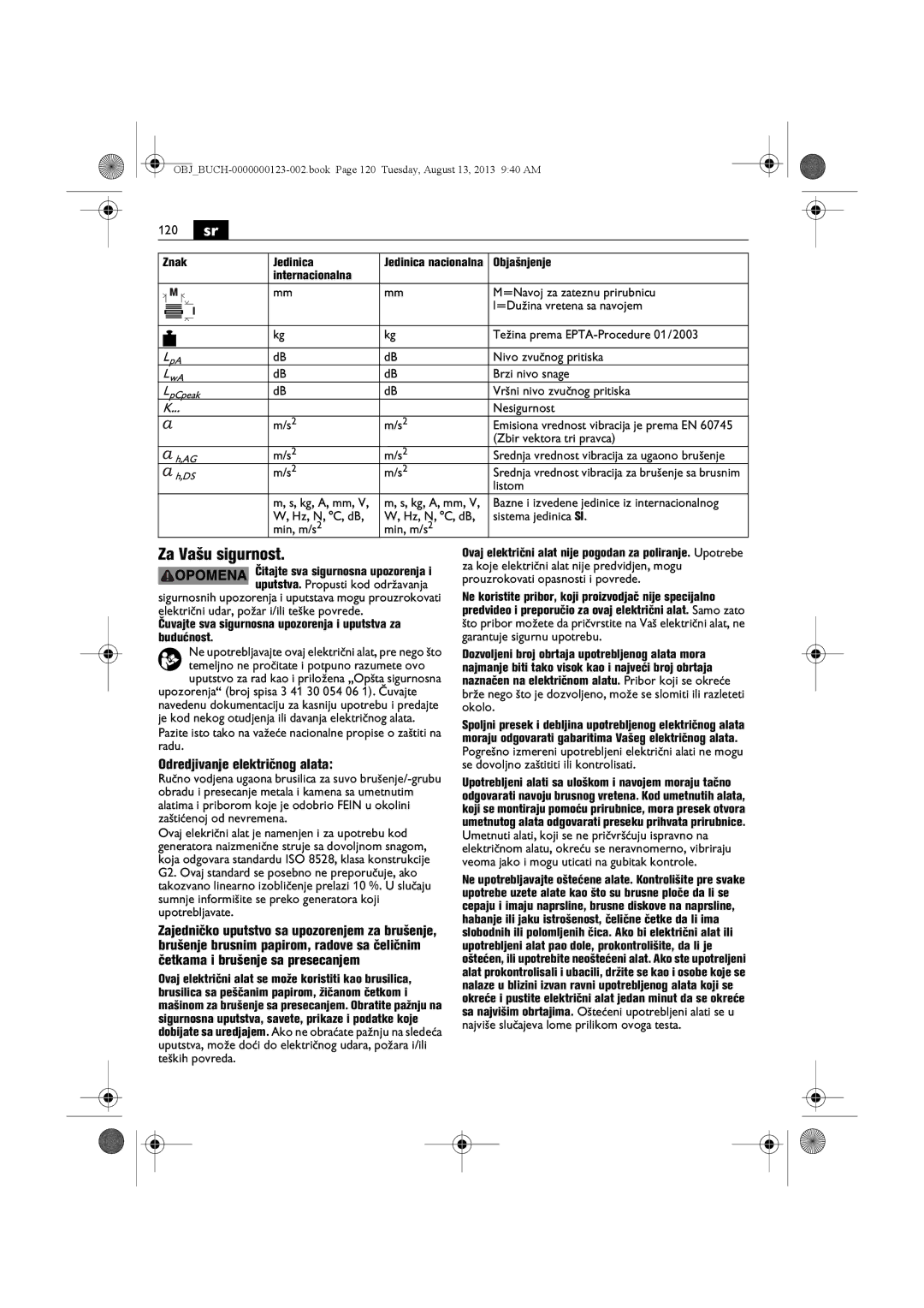 FEIN Power Tools WSG15-70LNOX/N09 manual 120 sr, Za Vašu sigurnost, Odredjivanje električnog alata 