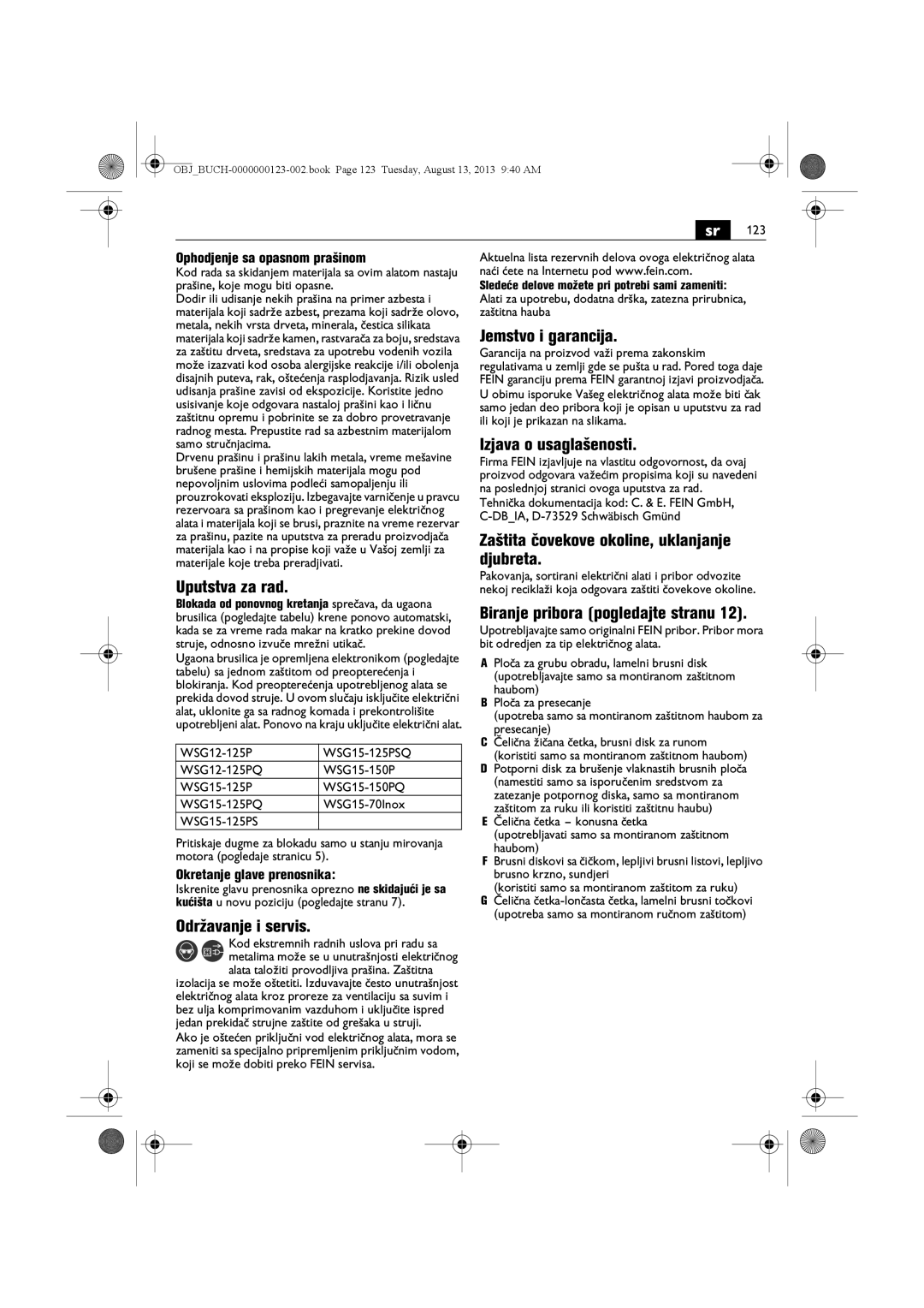 FEIN Power Tools WSG15-70LNOX/N09 manual Uputstva za rad, Održavanje i servis, Jemstvo i garancija, Izjava o usaglašenosti 