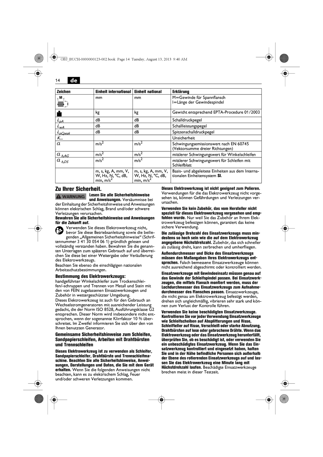 FEIN Power Tools WSG15-70LNOX/N09 manual 14 de, Zu Ihrer Sicherheit, Bestimmung des Elektrowerkzeugs 