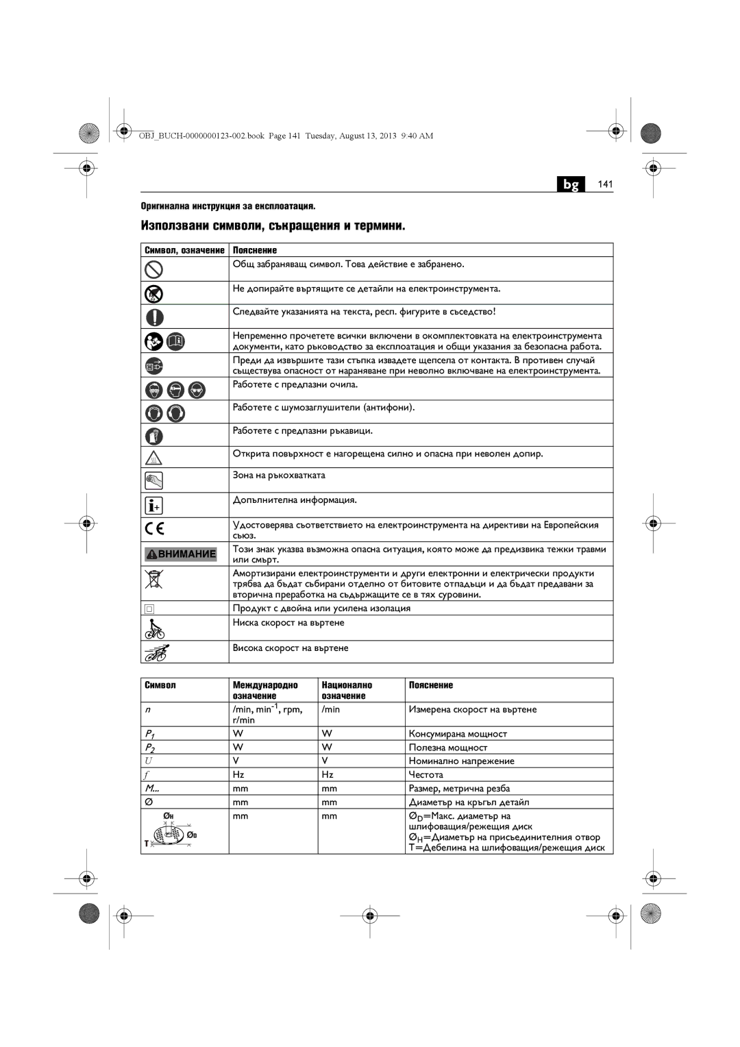 FEIN Power Tools WSG15-70LNOX/N09 manual Използвани символи, съкращения и термини, Оригинална инструкция за експлоатация 