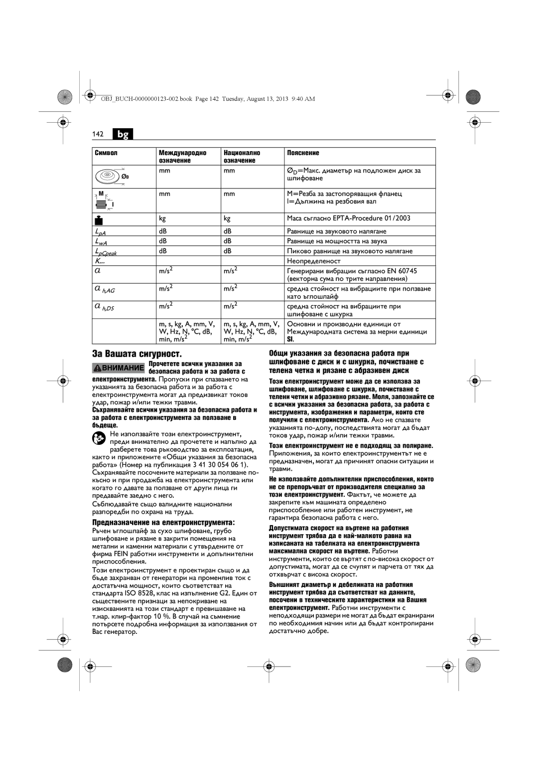 FEIN Power Tools WSG15-70LNOX/N09 manual 142 bg, За Вашата сигурност, Предназначение на електроинструмента 