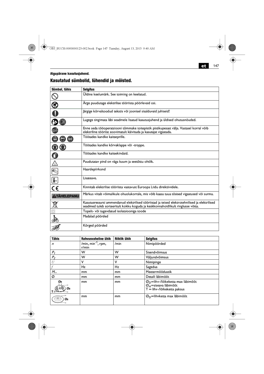 FEIN Power Tools WSG15-70LNOX/N09 manual Kasutatud sümbolid, lühendid ja mõisted, Algupärane kasutusjuhend, Tähis 