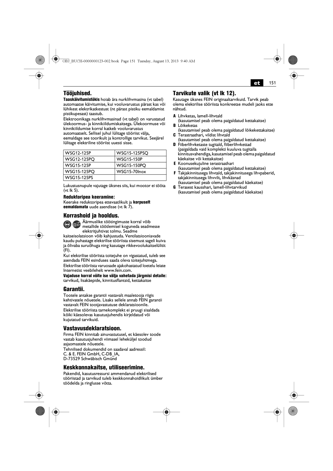 FEIN Power Tools WSG15-70LNOX/N09 manual Tööjuhised, Korrashoid ja hooldus, Garantii, Vastavusdeklaratsioon 