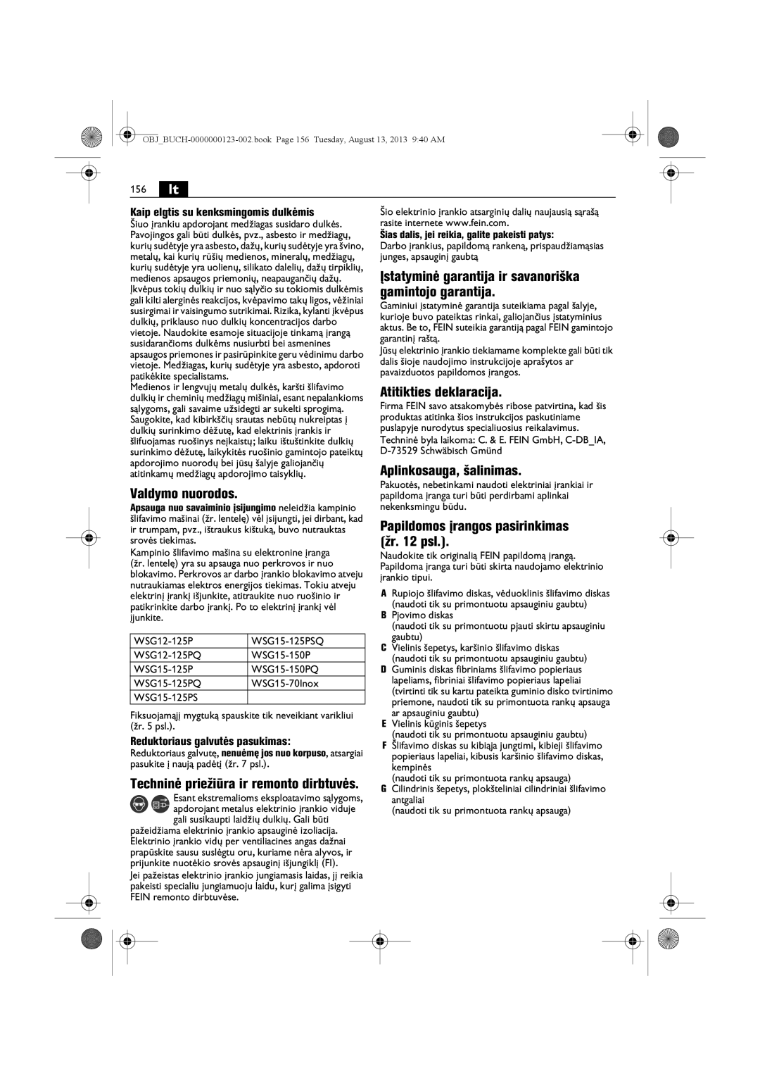 FEIN Power Tools WSG15-70LNOX/N09 Įstatyminė garantija ir savanoriška, Gamintojo garantija, Atitikties deklaracija, Žr psl 