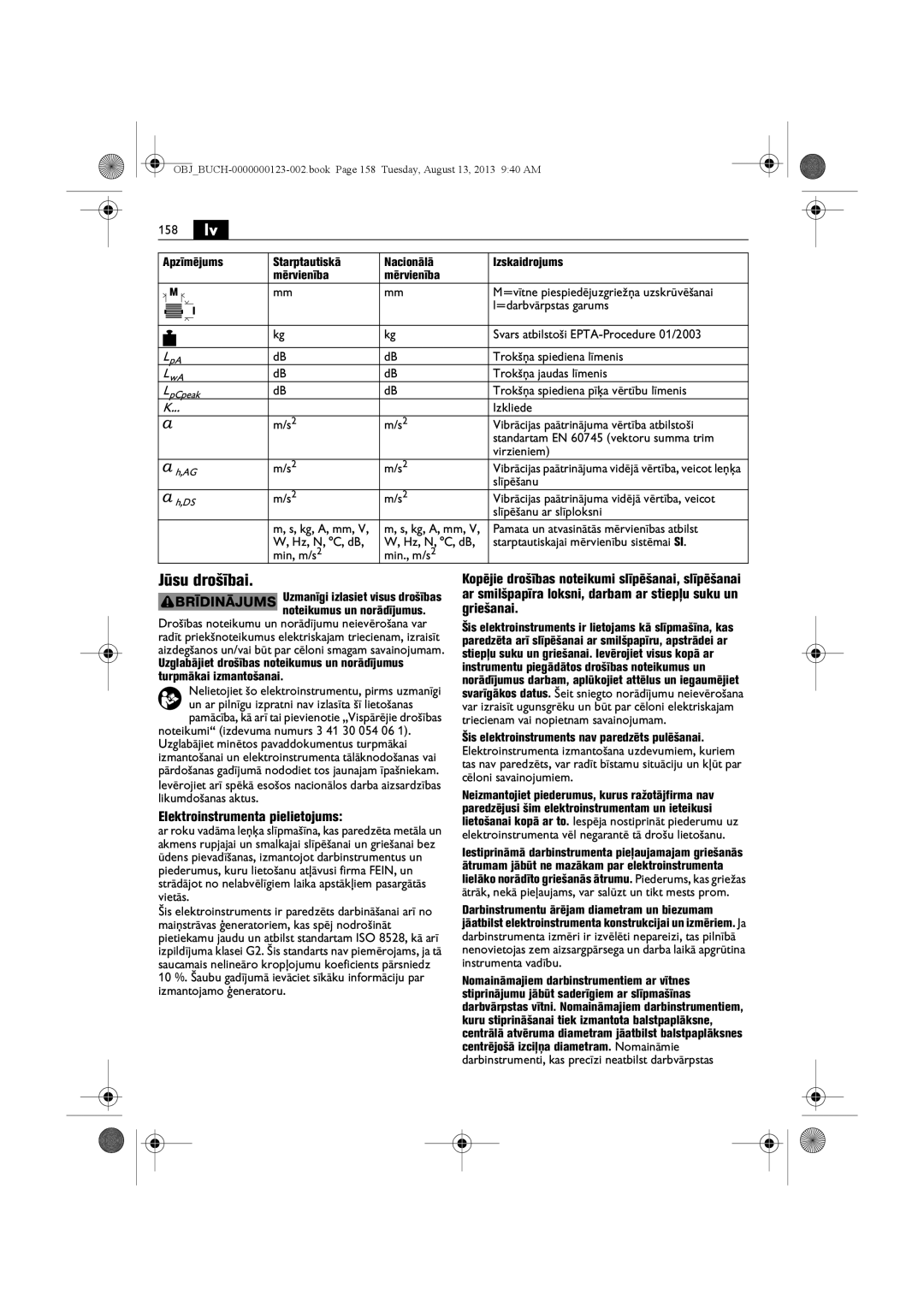 FEIN Power Tools WSG15-70LNOX/N09 manual Jūsu drošībai, Elektroinstrumenta pielietojums 