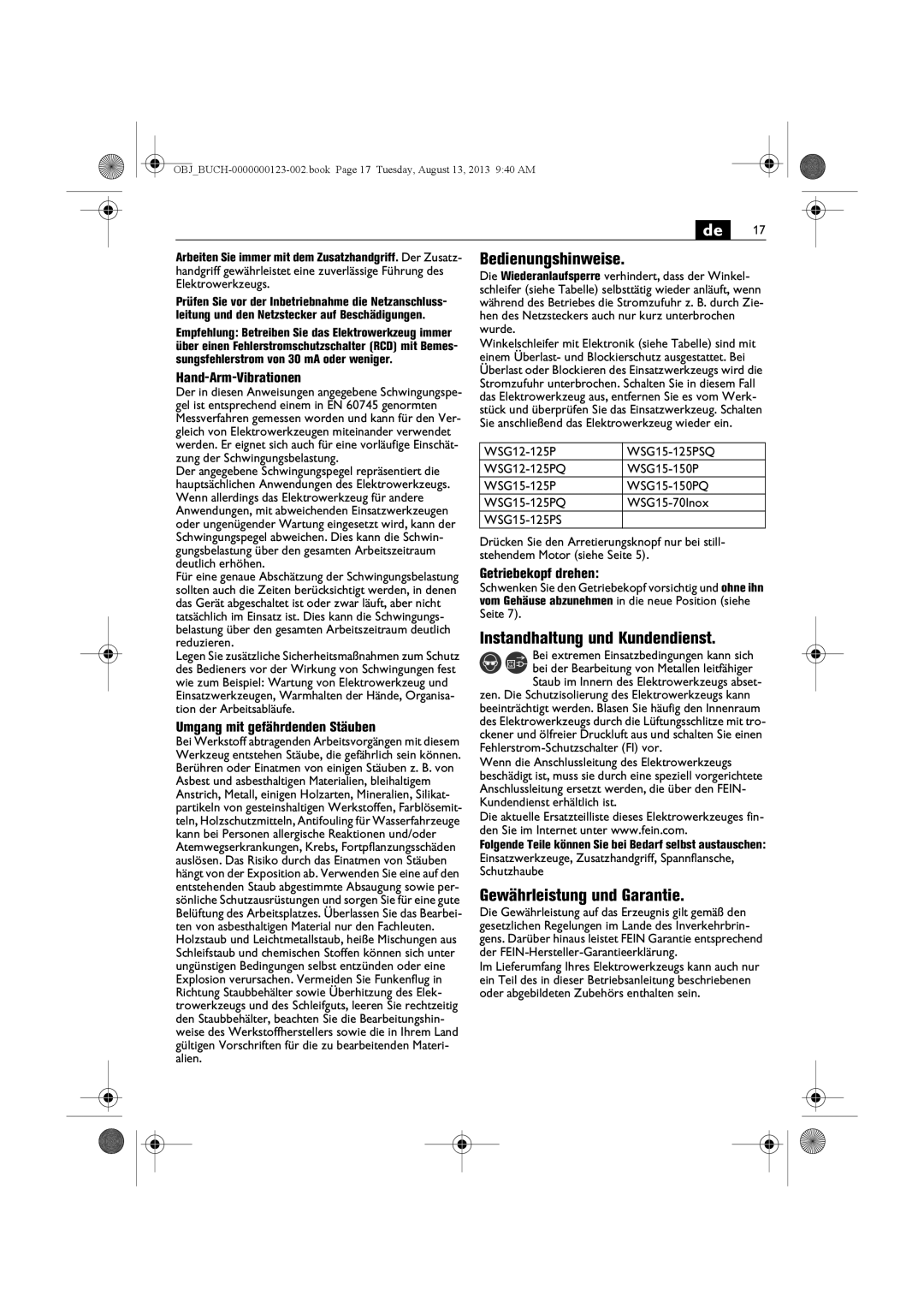 FEIN Power Tools WSG15-70LNOX/N09 manual Gewährleistung und Garantie, Bedienungshinweise, Hand-Arm-Vibrationen 