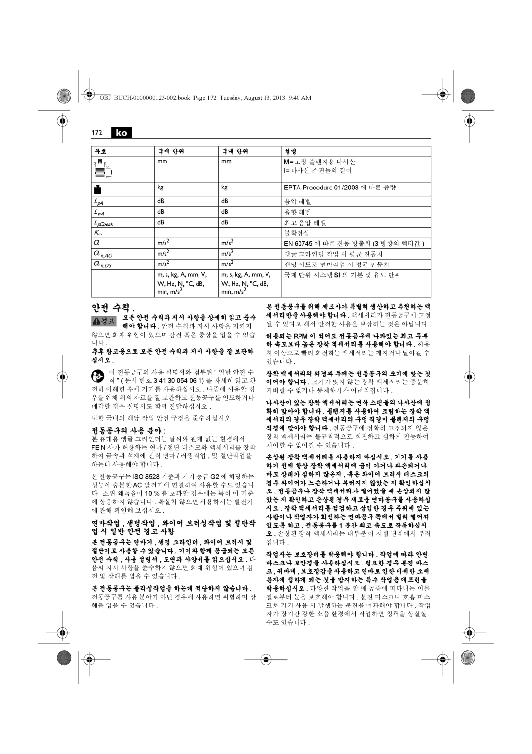 FEIN Power Tools WSG15-70LNOX/N09 manual 172 ko, 안전 수칙, 전동공구의 사용 분야, 연마작업 , 샌딩작업 , 와이어 브러싱작업 및 절단작 업 시 일반 안전 경고 사항 