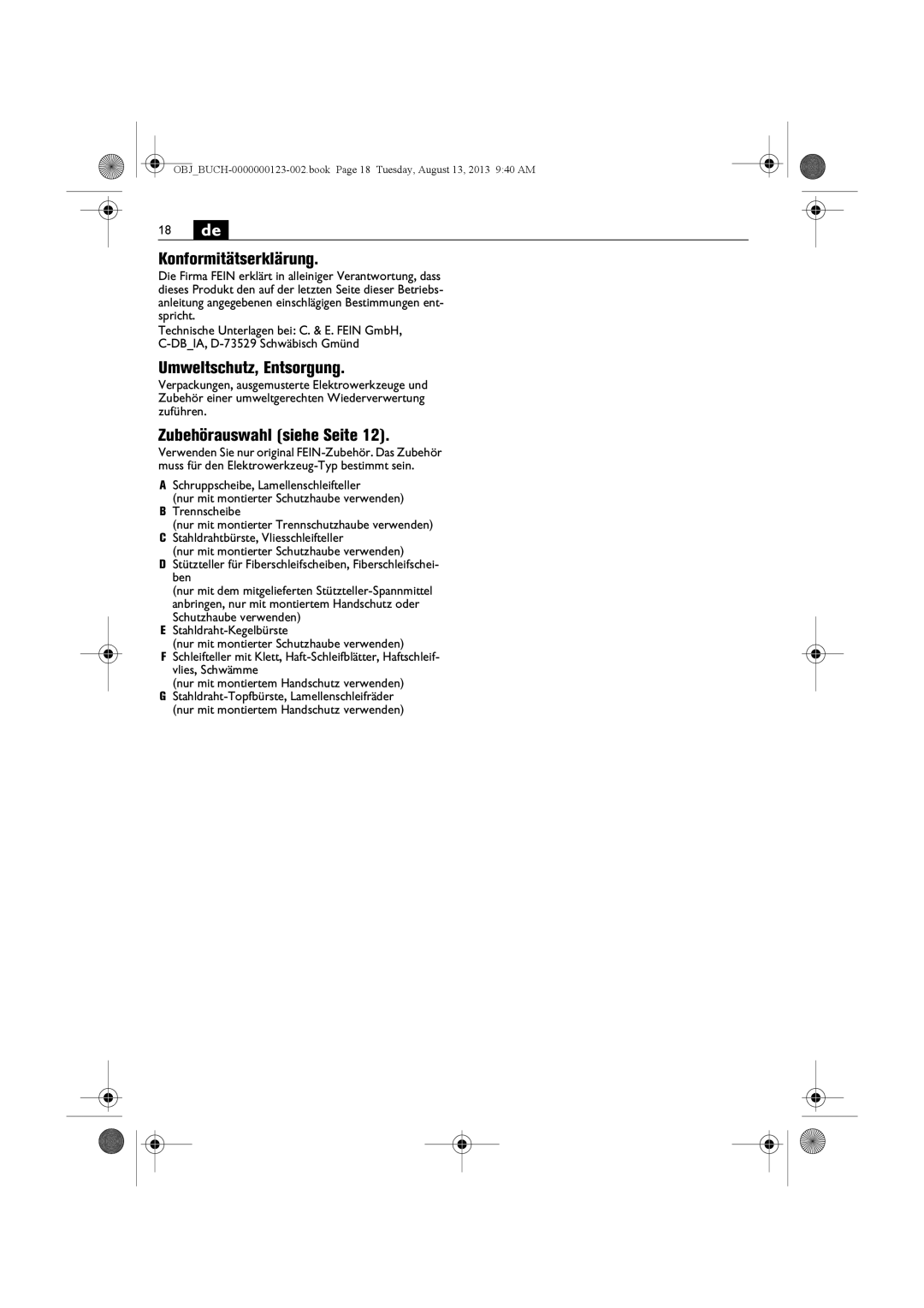 FEIN Power Tools WSG15-70LNOX/N09 manual 18 de, Konformitätserklärung, Umweltschutz, Entsorgung, Zubehörauswahl siehe Seite 