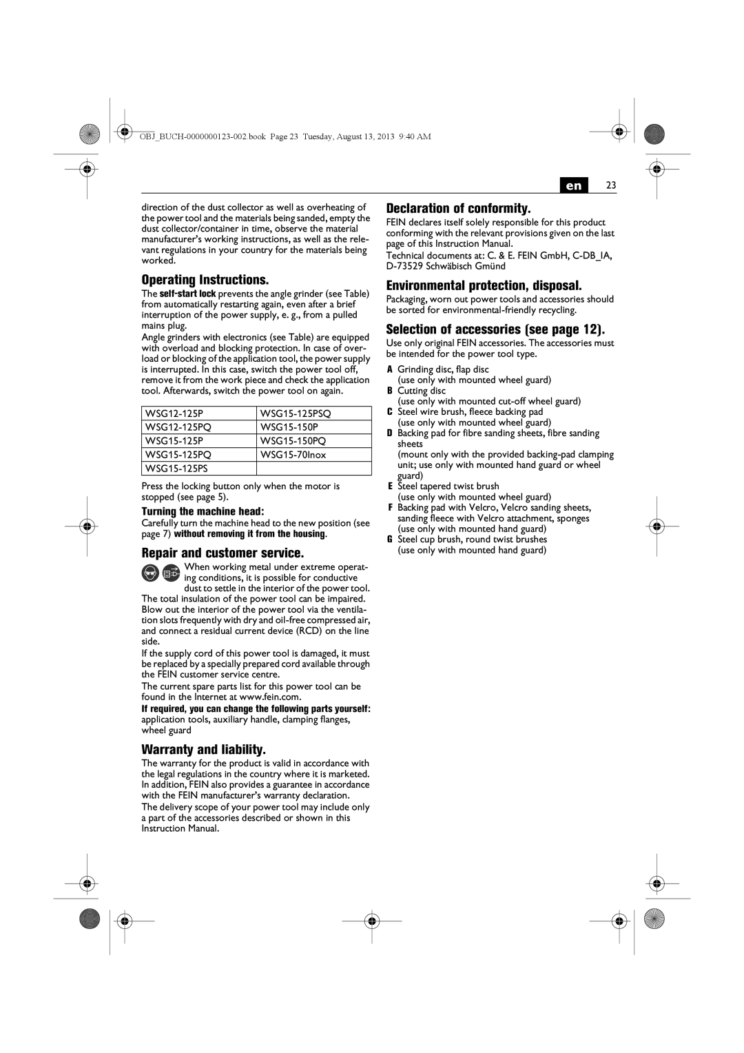 FEIN Power Tools WSG15-70LNOX/N09 manual Declaration of conformity, Operating Instructions, Repair and customer service 